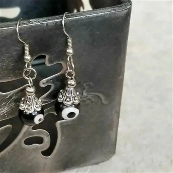 Artisan Evil Eye Black Lampwork Glass Beads Protective Talisman Drop Earrings - Picture 2 of 5